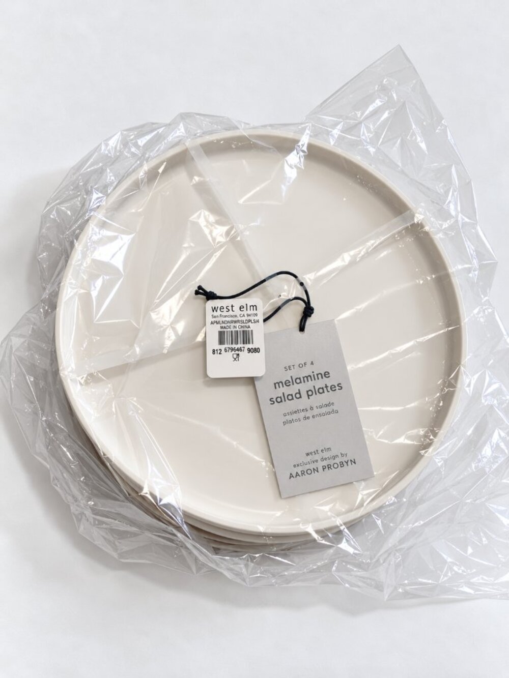 West Elm Aaron Probyn Modern Melamine Salad Plates in Stone White Set of 4 New